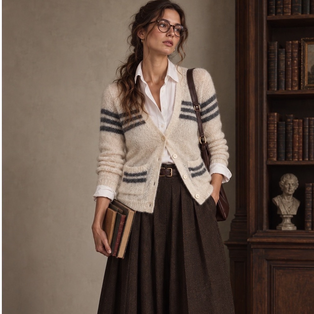 J.Crew Mohair Wool Blend Striped Cardigan Sweater Beige Grey Small Twee Preppy